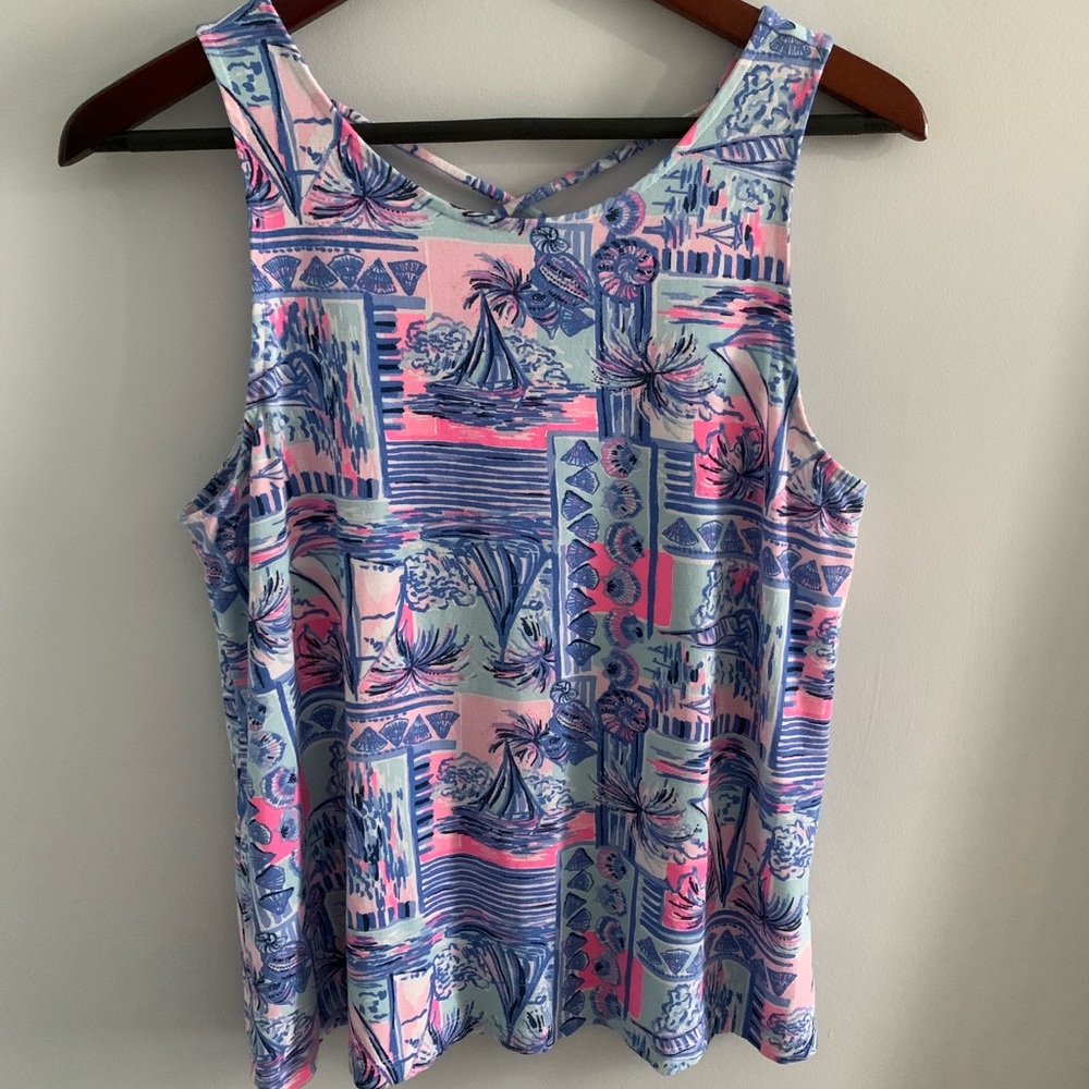 Lilly Pulitzer Blue Pink Tropical Sailboat Cross-Back Tank